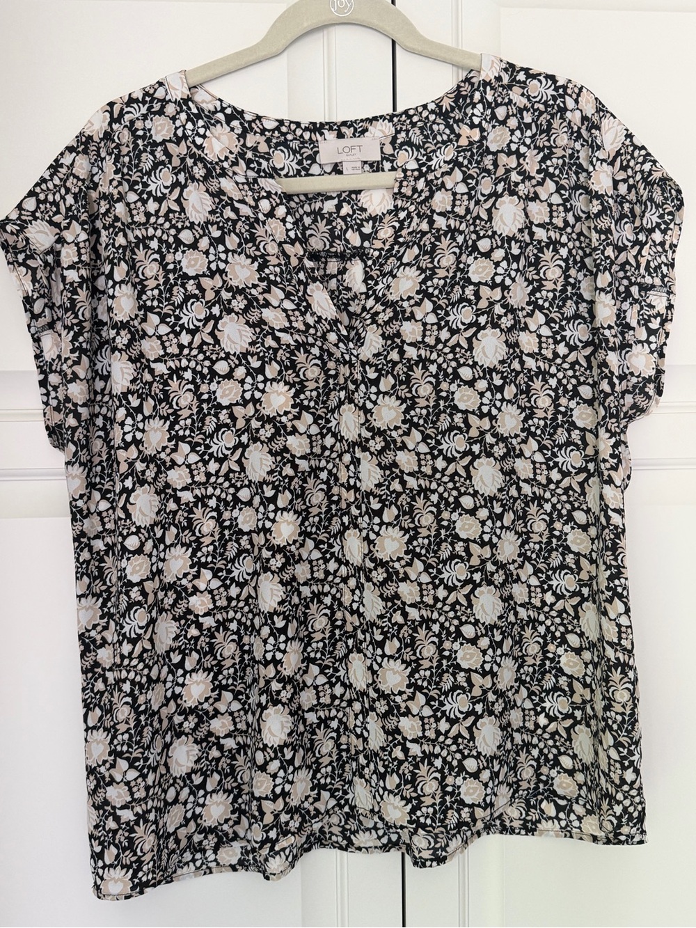 LOFT Black and Cream Floral V-Neck Blouse
